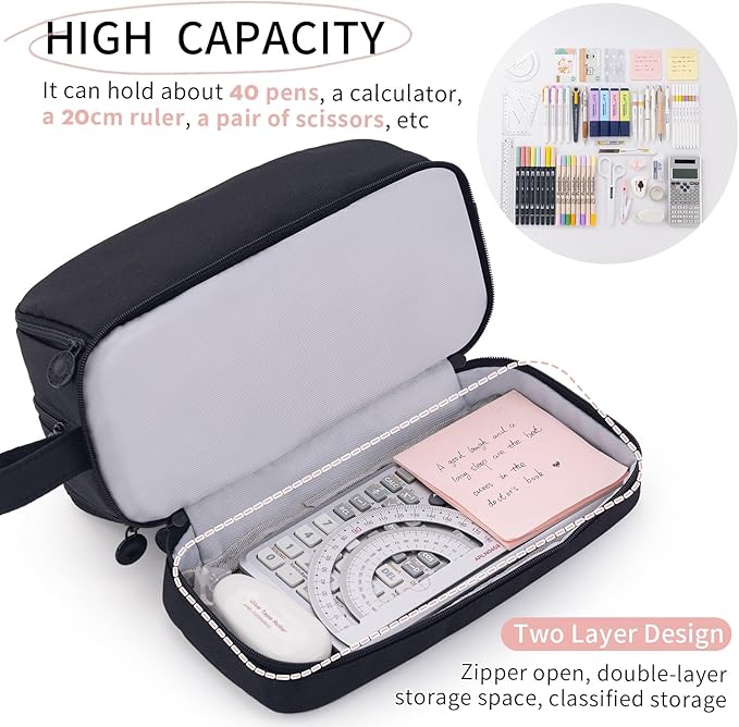 CICIMELON Large Capacity Pen Pencil Case with 4 Compartments, Multi-Slot Pencil Pouch Bag Aesthetic School Supplies Organizer for Teens Adults (Black)