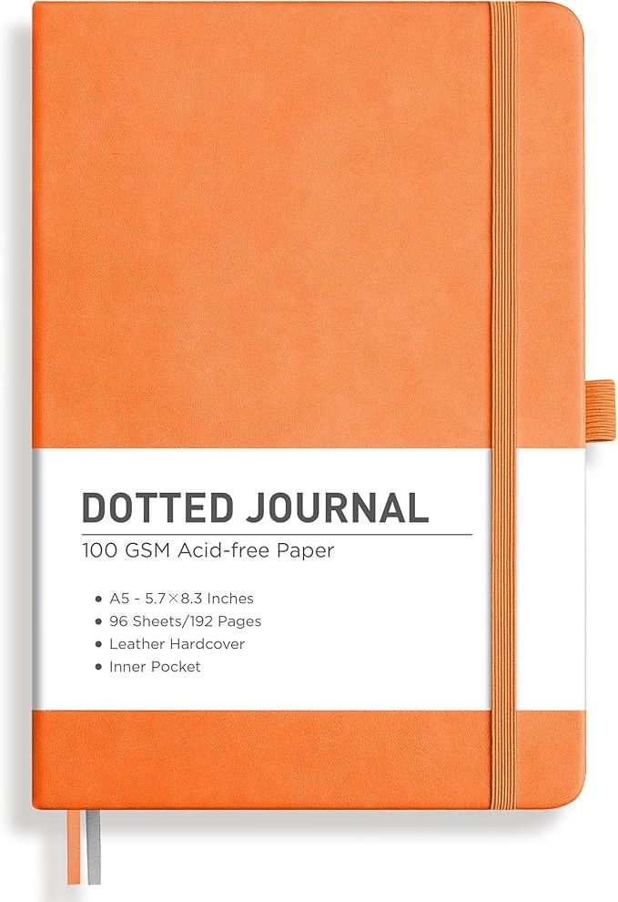 RETTACY Dotted Journal Notebook, 192 Pages, A5 Medium Size (5.7'' x 8.3''), Leather Hardcover, 100 GSM Thick Paper, for Journaling, Planning, Tracking (Orange)