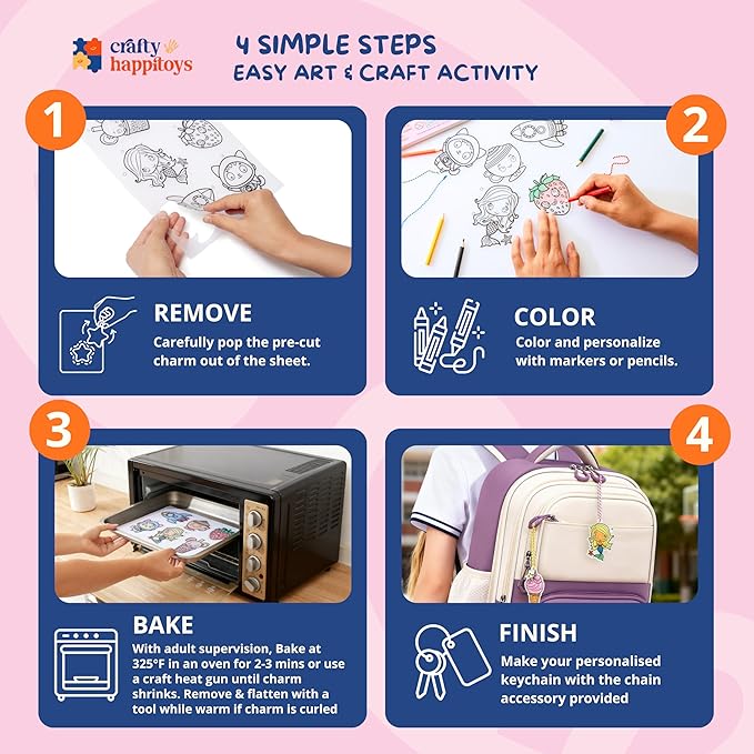 CRAFTY HAPPITOYS Shrink Art Sheets - Craft Kit for Kids - Art and Craft for Kids - Shrink Plastic Sheets with 30 Pre Cut Charms - DIY Jewelry Making - Keychain Activity - Shrinky Kit 70pc