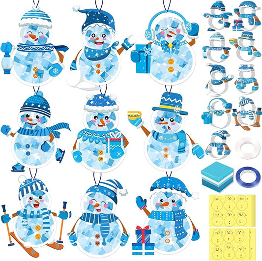 Renbuzhu 42PCS Winter Crafts Bulk: Snowman Paper Suncatchers DIY Kit for Christmas Holiday Activities Decorations, Window Stained Glass Effect Art Ornaments