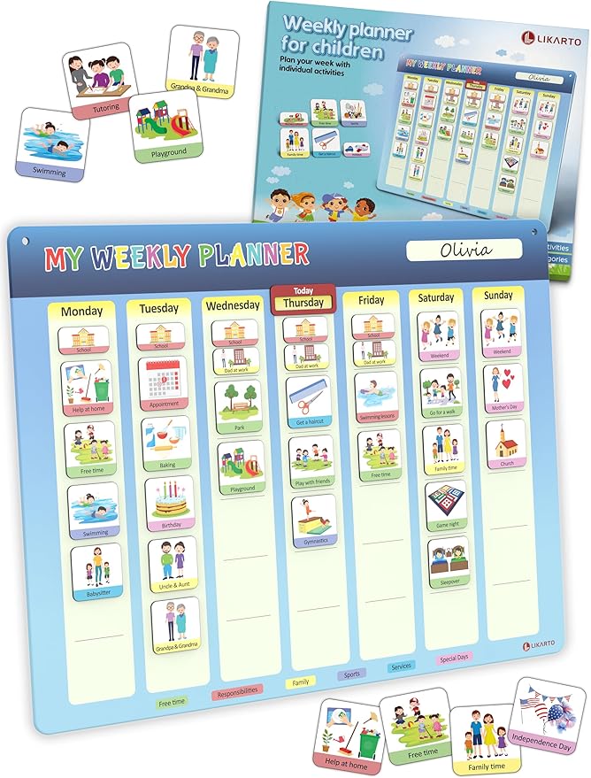 LIKARTO® Weekly Planner for Children - Montessori Magnetic Board incl 194 Magnets & Cord - Fully Writable & Wipeable - Encourages Independence