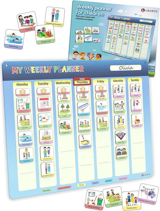 LIKARTO® Weekly Planner for Children - Montessori Magnetic Board incl 194 Magnets & Cord - Fully Writable & Wipeable - Encourages Independence
