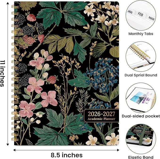 Academic Planner 2026-2027, Weekly and Monthly Calendar Book, July 2026 – June 2027, Hardcover Planner with Tabs, Perfect for Teachers, Students, Women & Men, A4 (8.5" x 11") - Forest Botanica