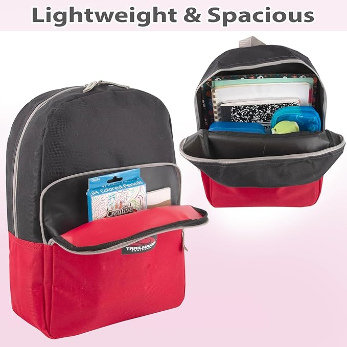 Trail maker 15 Inch Backpack for Kids, Preschool, Elementary & Middle School Students – Spacious Bookbag with Large Front Pocket, Adjustable Straps, Fits up to 13 Inch Laptop (Red)