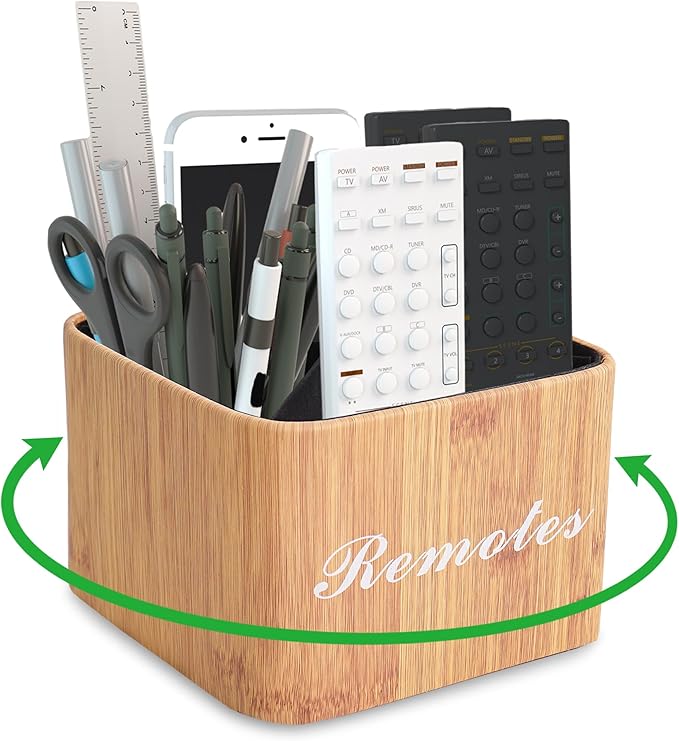 Square Leather Art Supply Organizer,Remote Control Holder with Removable Dividers,360°Rotatable Pencil Holders,4 Compartments Organizer for Office Supplies Storage Box(1-Beige)