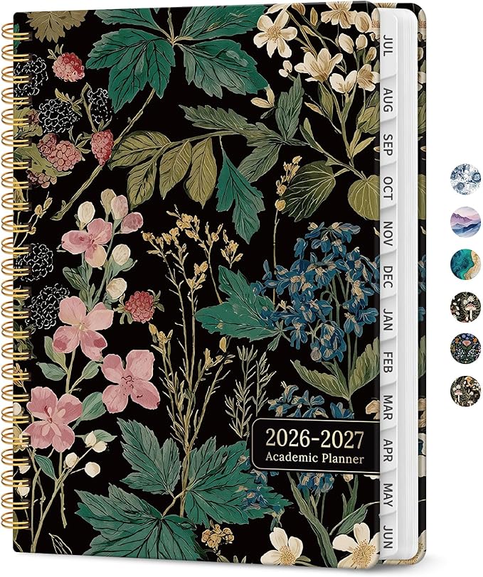 Planner 2026-2027, Academic Monthly and Weekly Calendar Planner for Women, July 2026 - June 2027, Hardcover Pretty Agenda Planner Book with Tabs, Spiral Daily Organizer for School Office Home Supplies, 6.3" x 8.5" - Forest Botanica