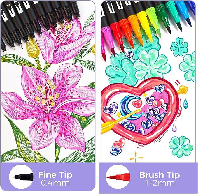 Artecho 36 Colors Markers for Adult Coloring Books, Dual Tip Markers for School, Fine and Brush Tip for Adults Coloring Books, Calligraphy, Drawing, Sketching