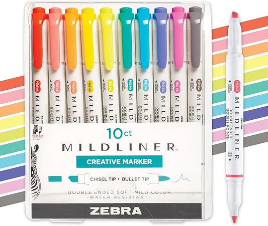 Zebra Pen Mildliner Dual-Tip Highlighter Set, Broad and Fine Tips, No Bleed, Ideal for Bible Highlighting, Journaling, Note-Taking and School Supplies, Friendly Ink Colors, 10-Pack (78501)