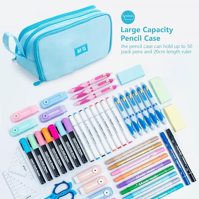 M&G Large Pencil Case, Big Capacity Pencil Pouch with 3-layer Compartment, Portable Handheld Pencil Bag, Cute School Stationery Organizer for Boys Girls Men Women, Ideal for Office School,Blue