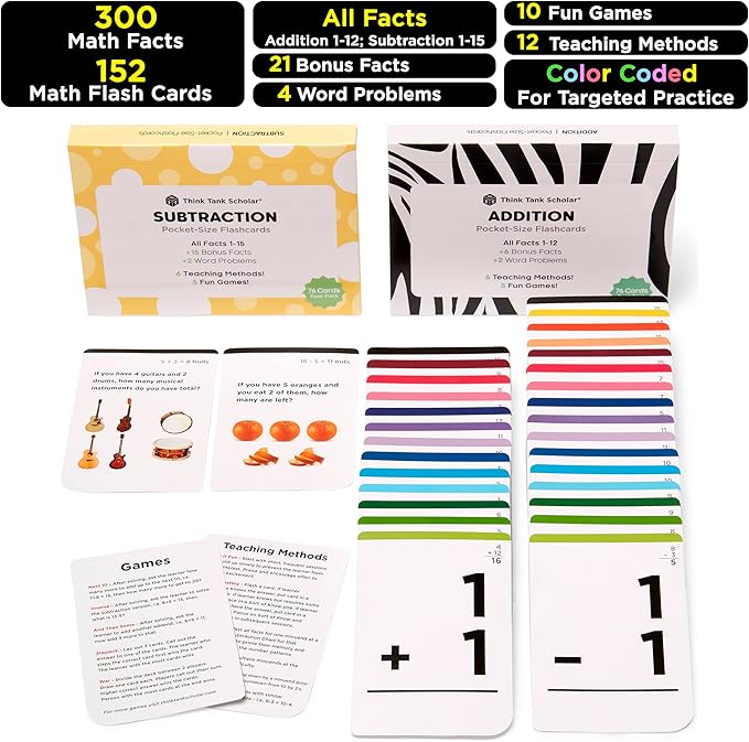 Think Tank Scholar Addition and Subtraction Flash Cards - 150 Facts 1-12 - Sub Facts 1-15 - Award Winning Math Games - Learn Add & Subtract - Kids Ages 4-8 in Kindergarten, 1st, 2nd, 3rd, 4th Grade
