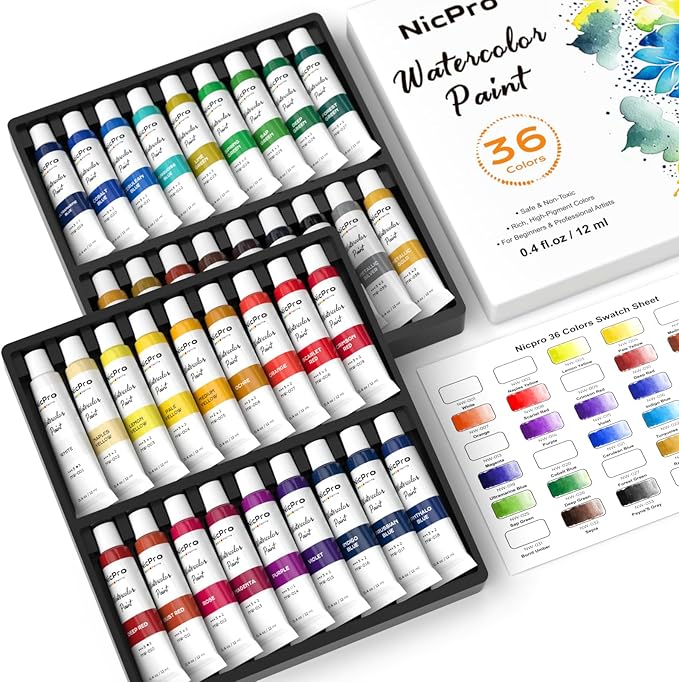 Nicpro Watercolor Paint Set for Adults, 36 Colors Watercolor Tube Set (12ml, 0.4oz), High Pigment Travel Water Color Painting Supplies for Artists Beginners, Color Wheel & Swatch Cards Included