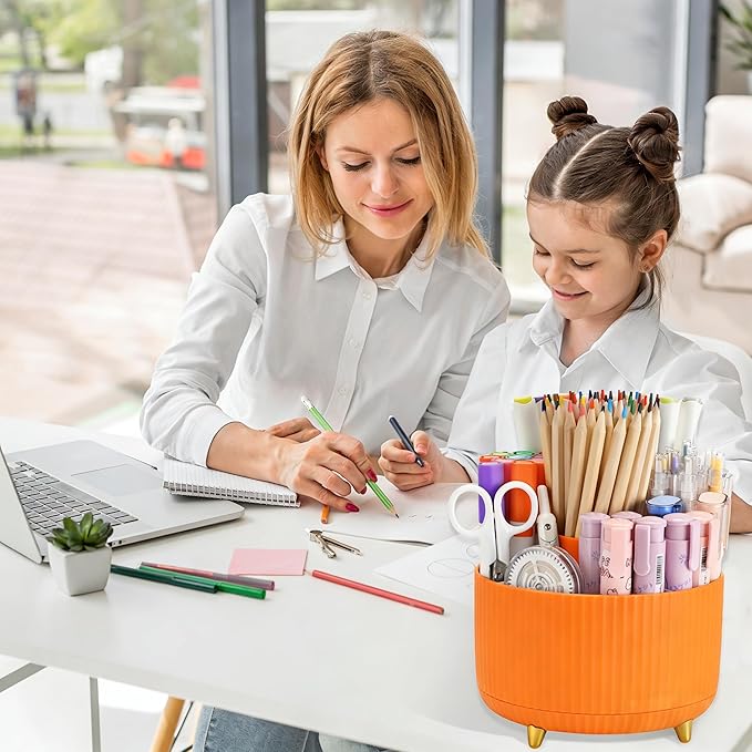 Camelmother Pen Holder For Desk With 5 Slots 360°Rotating Pencil Holder Makeup Organiezr Teacher Supplies Office decor (orange)