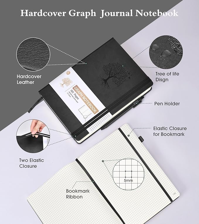 Ansopu Graph Paper Notebook Journal, 360 Numbered Pages Grid Notebooks, Thick 100gsm Graphing Paper Notebook Journals for Women Men, B5 Large Hardcover Leather Graph Notebook 7.6'' X 10'' Black
