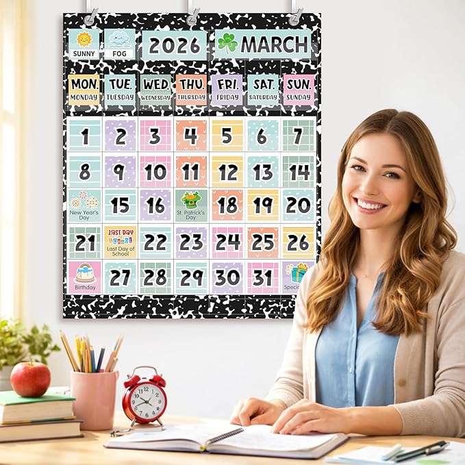 Tinlade Classroom Calendar Pocket Chart Set with 115 Cards 24 x 28 Inch Cute Cartoon Calendar Bulletin Board Pocket 2026–2033 Festival Weather Teacher Supplies for Classroom Wall Decoration