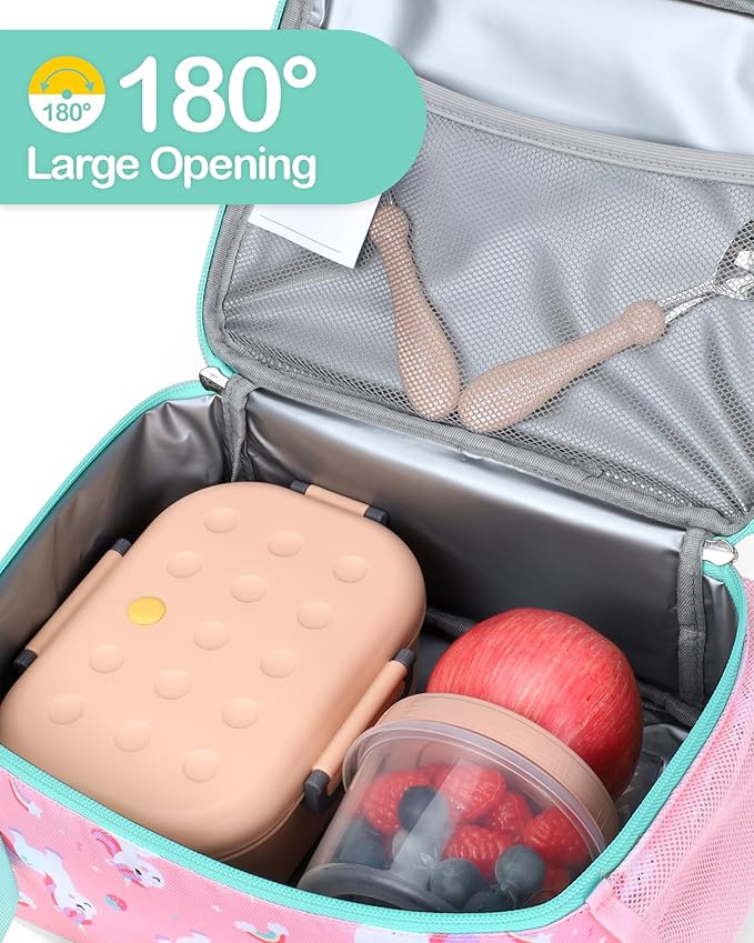 Bagseri Kids Lunch Bag Girls - Thermal Insulated Lunch Box Tote with Water Bottle Holder, Reusable Leak-Proof Kids Lunch Box for Daycare & School, Pink Cute Unicorn (Containers Not Included)