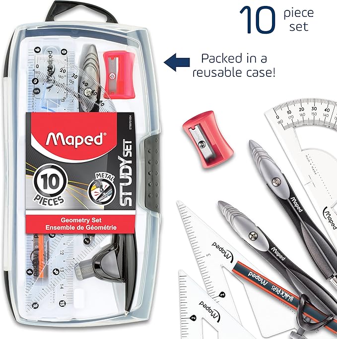 Maped Study Geometry 10 Piece Set - Advanced Student Kit - Precision Tools - Durable & Ergonomic Design - Enhances Creativity - Quality Materials