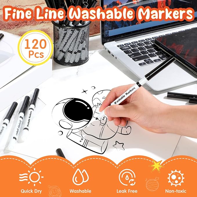 120 Count Line Washable Markers Bulk Black Washable Markers Black Fine Tip Pens Set for Kids Art School Supplies, Classroom Bulk Pack Teacher Classroom Must Have