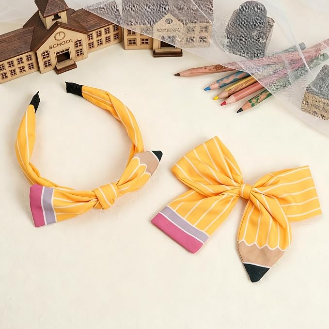 2 Pcs First Day Back to School Pencil Hair Accessories for Girls Teacheres | Pencil Bow Clip Headband for Girls,School Uniform Hair Bows,Back to School Supplies,for School Outfits,Adorable Accessory