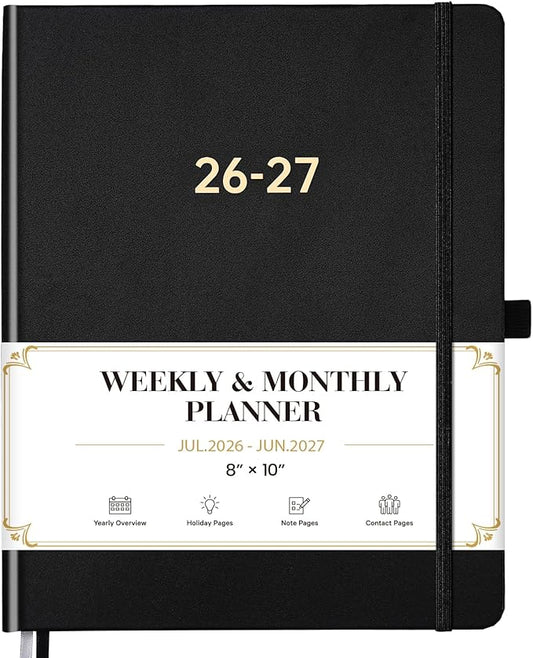 Planner 2026-2027 - Academic Planner 2026-2027, July 2026 - June 2027, 8'' x 10'', 26-27 Planner Weekly and Monthly, 26-27 Calendar Planners with Pen Holder, Elastic Closure, Leather Hardcover - Black