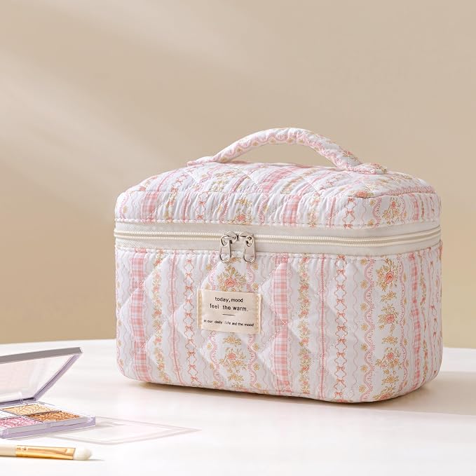 HBselect Quilted Makeup Bag, 3Pcs Cotton Large Travel Makeup Bags Organizer | Cute Floral Make up Bag Cosmetic Bag Toiletry Bag for Women Girls, Makeup Pouch for Skincare, Brushes & Travel Essentials