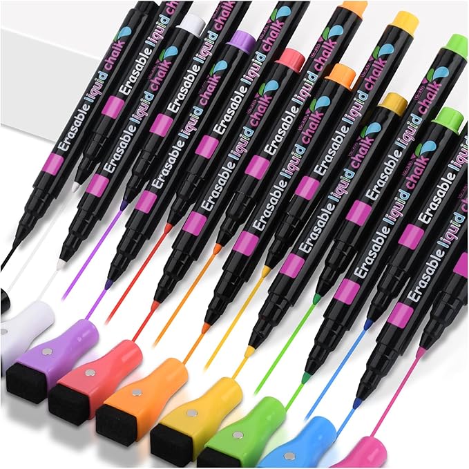 16 Pack Magnetic Wet Erase Markers, Liquid Chalk Markers Ultra Fine Tip for Acrylic Calendar, Whiteboard Marker with Erasers Cap for Planning Board, Clear Glass, Low Odor Fine Tip Wet Wipe Pens