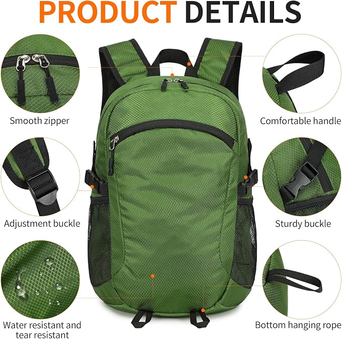 Small Hiking Backpack Travel Lightweight Hiking Packable Daypack Water-Resistant Foldable Backpacks 15L for Travel Women Men Camping (Deep Green)
