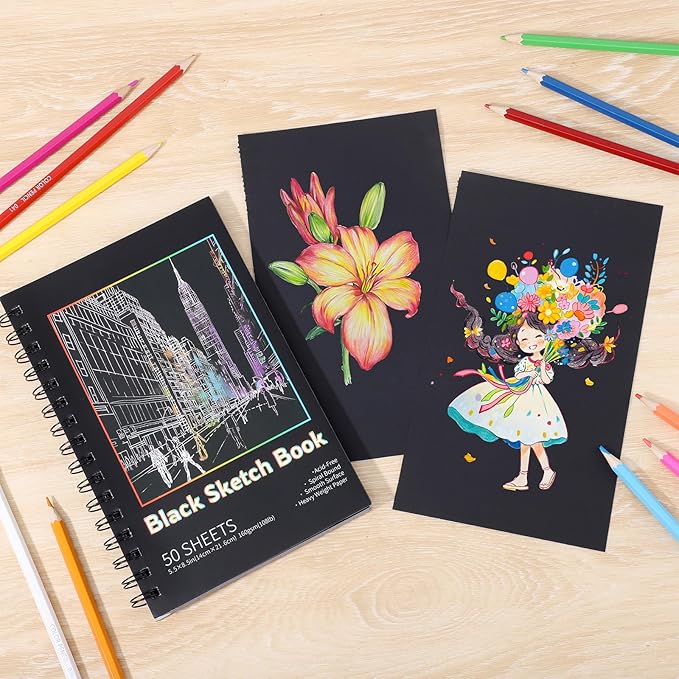 50 Sheets Black Paper Sketchbook, 108 lb/160gsm Heavyweight Black Sketch Pad 5.5×8.5in, Acid-Free Drawing Paper, Spiral Bound Sketch Book for Kids, Teens, Artist