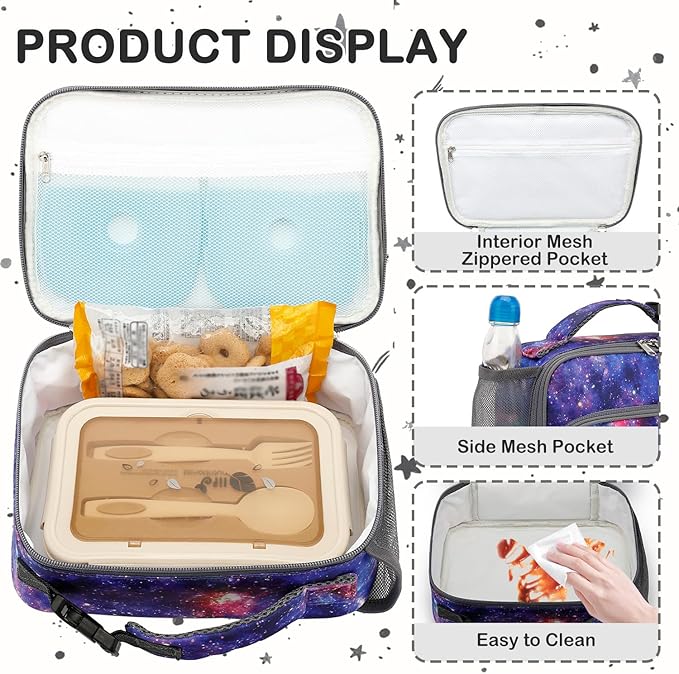 FlowFly Kids Lunch box Insulated Soft Bag Mini Cooler Back to School Thermal Meal Tote Kit for Girls, Boys, Galaxy