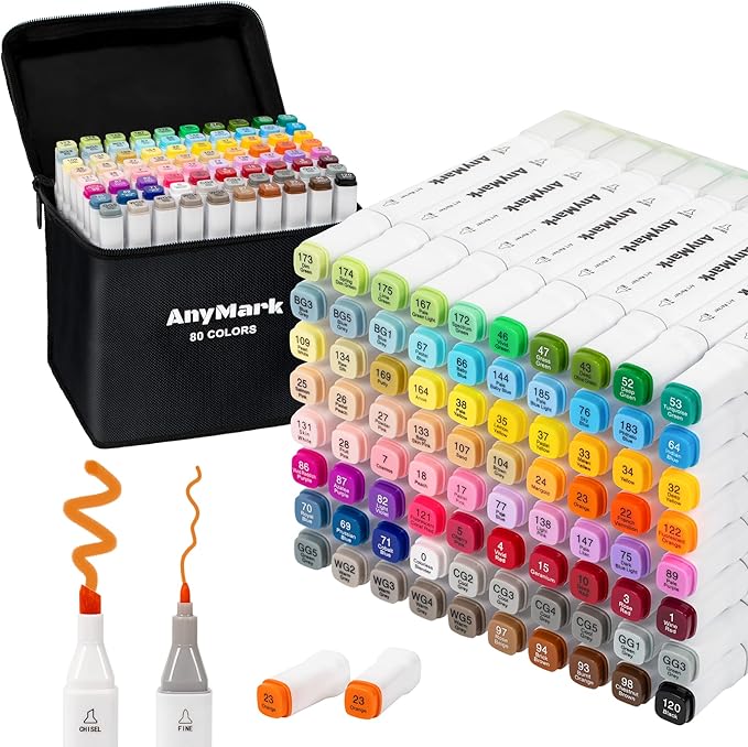 AnyMark Alcohol Markers, 80 Colors Dual Tip Art Coloring Markers Set for Adult Book Drawing Sketching Painting, Chisel & Fine, White Penholder