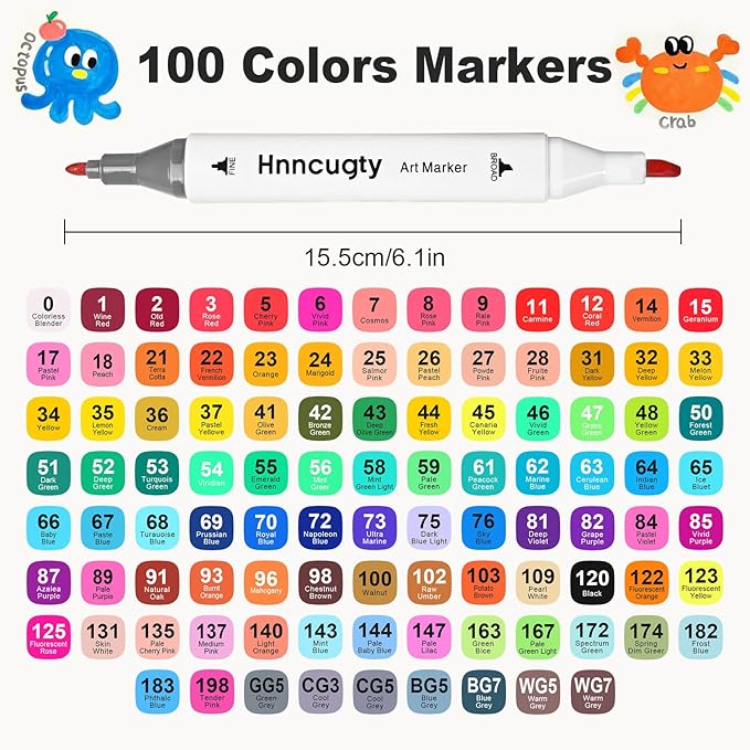 Hnncugty Alcohol Markers Set 100 Colors, Dual Tips Coloring Art Markers Set with Case & Holders, Chisel & Fine Artist Sketch Pens Art Supplies for Adult Coloring Books, Drawing, Painting, Sketching