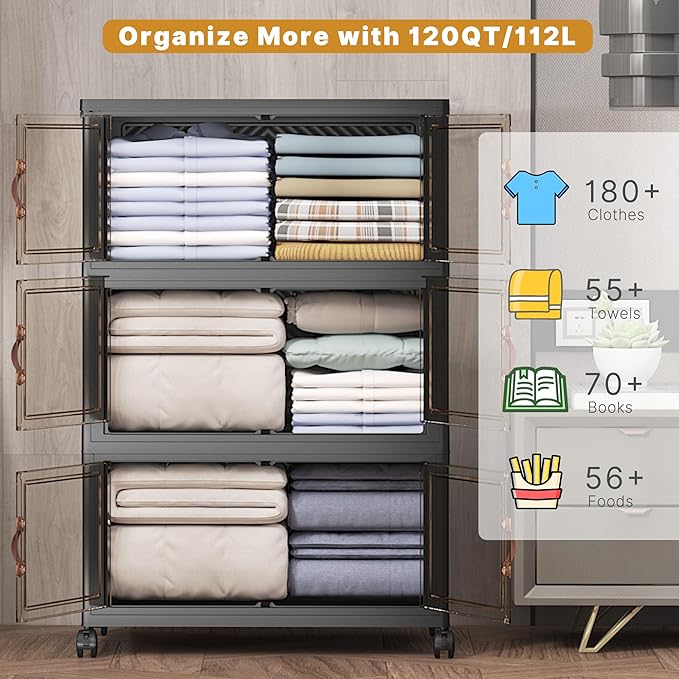 UAMFURI Extra Large Stackable Storage Bins with Lids & Wheels, 165QT-55QT/14GAL*3Pack Foldable Collapsible Closet Organizers Dark Storage Cabinet with Doors for Bedroom Dorm
