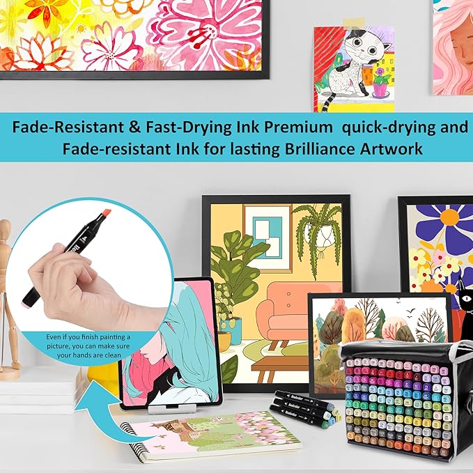 100 Alcohol Markers Set,Dual Tip Art Markers for Adult Coloring, Alcohol Markers Set for Drawing,Coloring,Sketching,Card Making,Illustration, Ideal for Artists, Designers & Crafters