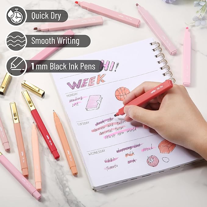 Mr. Pen- Aesthetic Highlighters and Ballpoint Pens No Bleed, 12 Pack, Shades of Pink, Bible Highlighters and Pens No Bleed, Fast Dry and No Smear for Bible Journaling, Planner, School Supplies