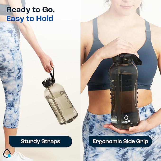 AQUAFIT 128 oz Water Bottle with Time Marker - 2in1 Straw & Chug Lid - BPA Free Big Gym Water Bottle with Strap - Gray