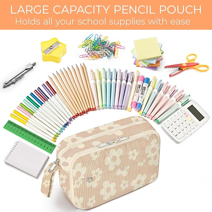 WOBAGMEN Cute Pencil Case,Large Corduroy Zippered Pencil Case Pouch, aesthetic Pencil Bag with Compartments, Pencil Pouch School Supplies (HY-corduroy pc-brown floral)