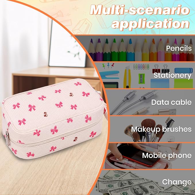Big Capacity Pencil case,Soft Corduroy Pencil Bag with 3 Compartment,Pencil Pouch School Supplies Cute Pencil Box Pencil Bag for Teen Girls Boys College (Bow With Cherry)