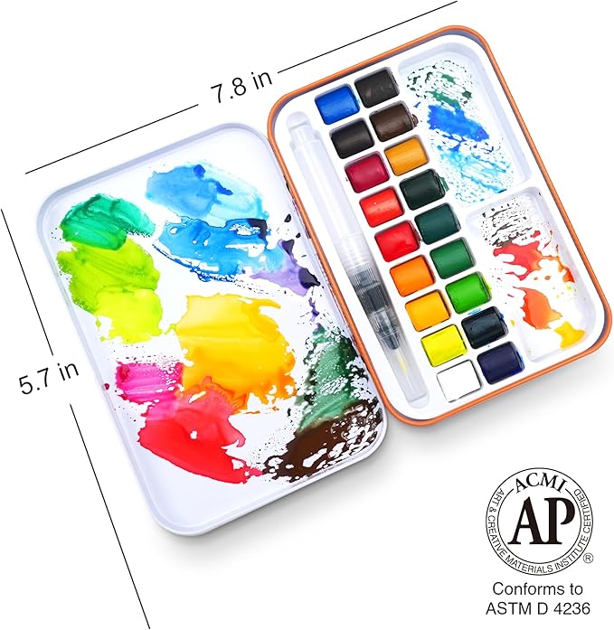 AUREUO Travel Watercolor Set with Gift Box - Small Water Color Kit with18 Classic Color Watercolor Paint Set, Brushes, Watercolor Postcards, Masking Fluid Pen & Tote Bag