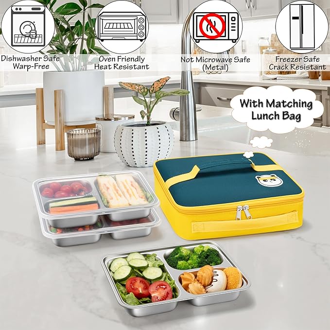 KTKUDY 3 Pack Stainless Steel Snack & Lunch Containers with Plastic Lids - Meal Prep Containers 3 Compartments - Metal Bento Lunch Boxes for Kids & Adults - Not 100% Leakproof - Toddler & Kids Plates