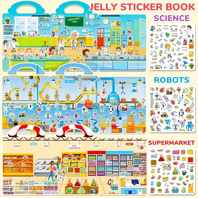 6 Sets Reusable Sticker Book for Toddlers 1-3, Jelly Stickers Book for Kids 2-4, Travel Sticker Activity Toys for Childs 3 4 5 6 Years Girls & Boys Best Gifts