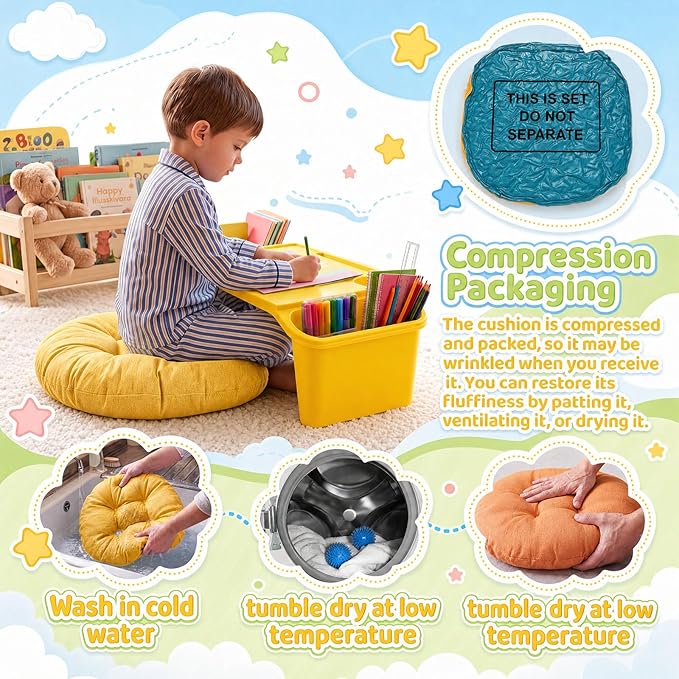 Supervitae 24 Pcs Kids' Lap Desk and Classroom Floor Cushions Set, Including Stackable Lap Tray 19.7 x 14.8 x 7.7'' & Floor Pillow 16'' for Classroom Kindergarten Daycare Nursery (Multicolor)