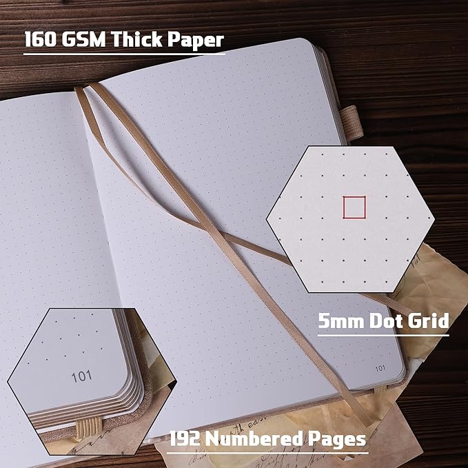 TIEFOSSI Dotted Journal Notebook, 160gsm 190 Numbered Thick Paper, A5 Hardcover Dotted Grid Diary for Women Men Work Writing, Journaling, Drawing, 5.8 x 8.3 in
