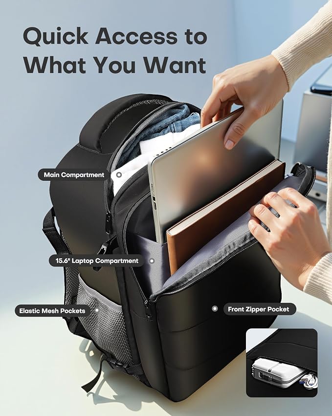 HOTOR Travel Backpack Flight Approved Bag Men Women, Large Black | TSA Carry on Luggage, 15.6inch Laptop, Casual Daypack Travel Essentials Nurse Bag for Work, Business, Weekender, College