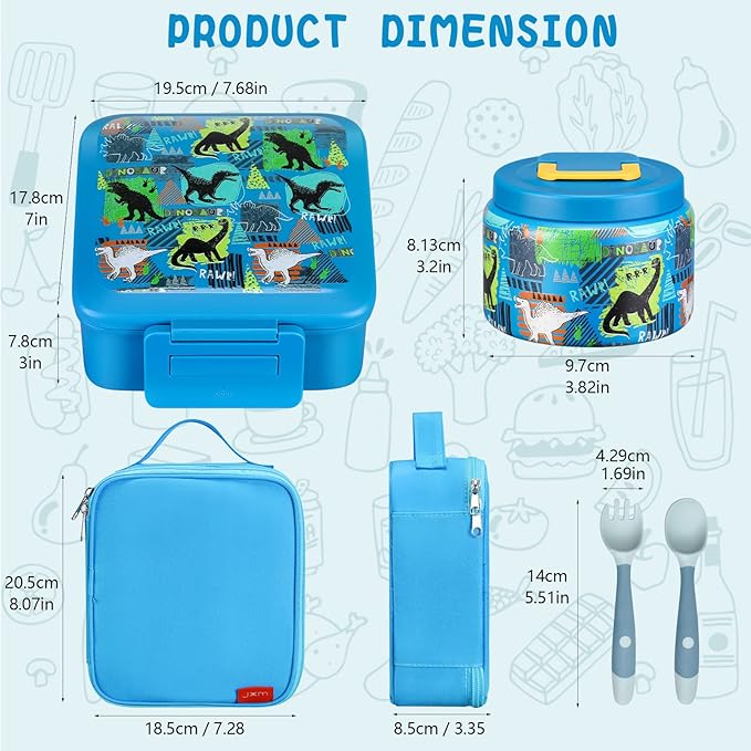 JXXM Bento Lunch Box for Kids With 8oz Soup thermo,Leak-proof Lunch Containers with 5 Compartment,thermo Food Jar and Lunch Bag, Food Containers for School (A-Blue(Dinosaur))