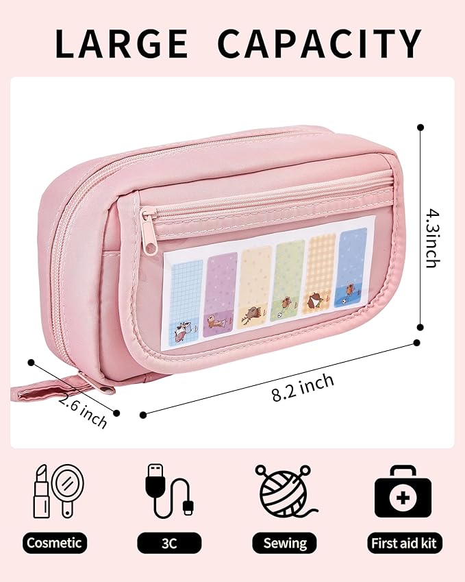 Large Pencil Case, Wide Opening Pencil Pouch with Zipper, Multi-layer Aesthetic Pen Bag for Teens Girls Women, Portable Pen Holder for Office College School (Pink)