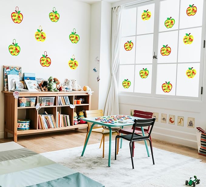 Renbuzhu 40PCS Back to School Apple-Shaped Crafts Bulk: Tissue Paper Sign Suncatchers, First Day of Classroom Activities DIY Kit, Fall Decorations, Window Stained Glass Effect Art Supplies