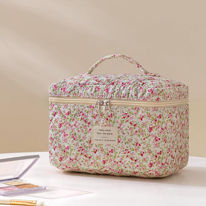 HBselect Quilted Makeup Bag, 3Pcs Cotton Large Travel Makeup Bags Organizer | Cute Floral Make up Bag Cosmetic Bag Toiletry Bag for Women Girls, Makeup Pouch for Skincare, Brushes & Travel Essentials