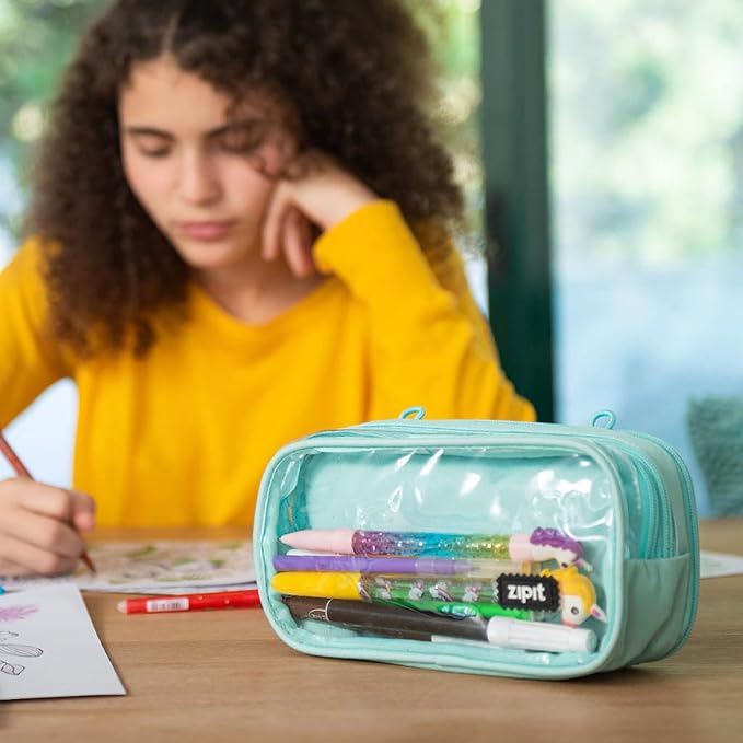 ZIPIT Half & Half Pencil Case, 3-Compartment Zipper Pouch for Girls, Mint | Clear-front pencil case for school, dedicated organizer panels, holds up to 70 pens & pencils, durable easy-care polyester