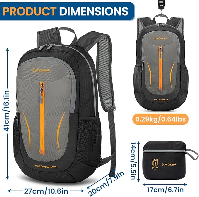 ZOMAKE Lightweight Packable Backpack 25L, Foldable Hiking Daypack | Water Resistant Small Folding Backpacks for Travel, Everyday Carry, Multi-Pocket Layout, Breathable Shoulder Strap