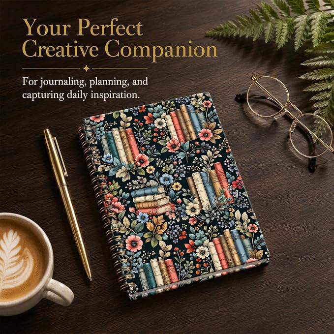 ATJFKIXL Cute Spiral Journal Notebook, A5 120 Page College Ruled Wirebound Notebook, Soft Cover for Students Office Notes and Planning - Floral Bookshelf