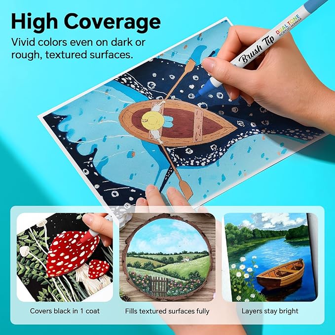HOTU 72 Colors Acrylic Paint Markers, Acrylic Markers with 36 Dual-Brush Tip Paint Markers for Stocking Stuffers, Rocks, Coloring Books, DIY Art Supplies